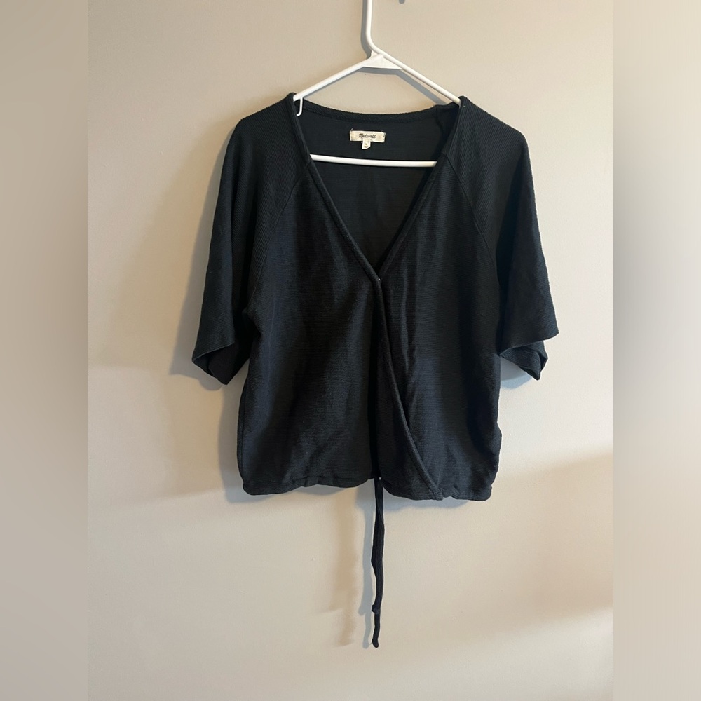 MADEWELL Black Drapey Ottoman Jacquard VNeck Faux Wrap Drawstring Top Size Large